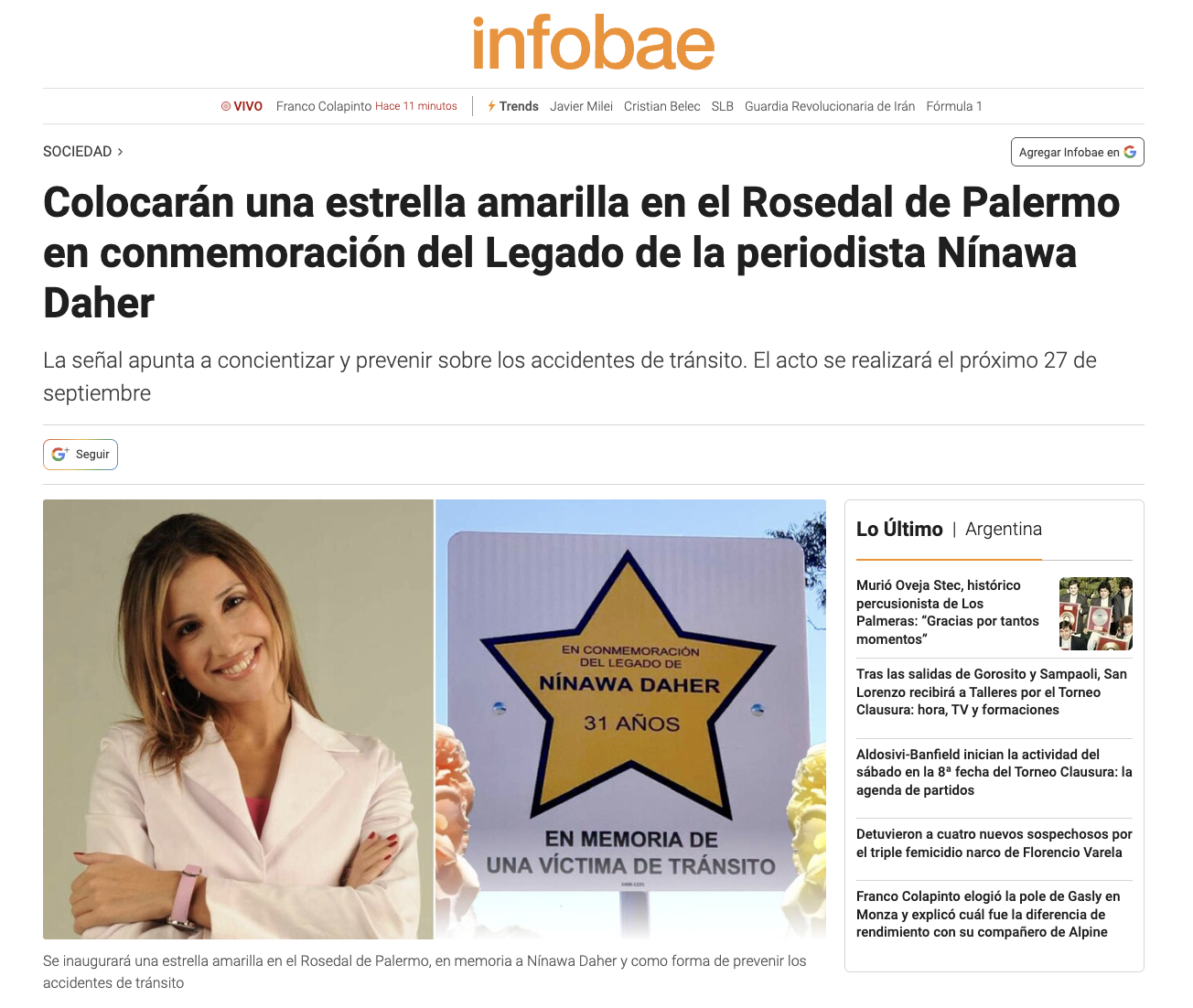 Nota en Infobae por la colocación de la Estrella