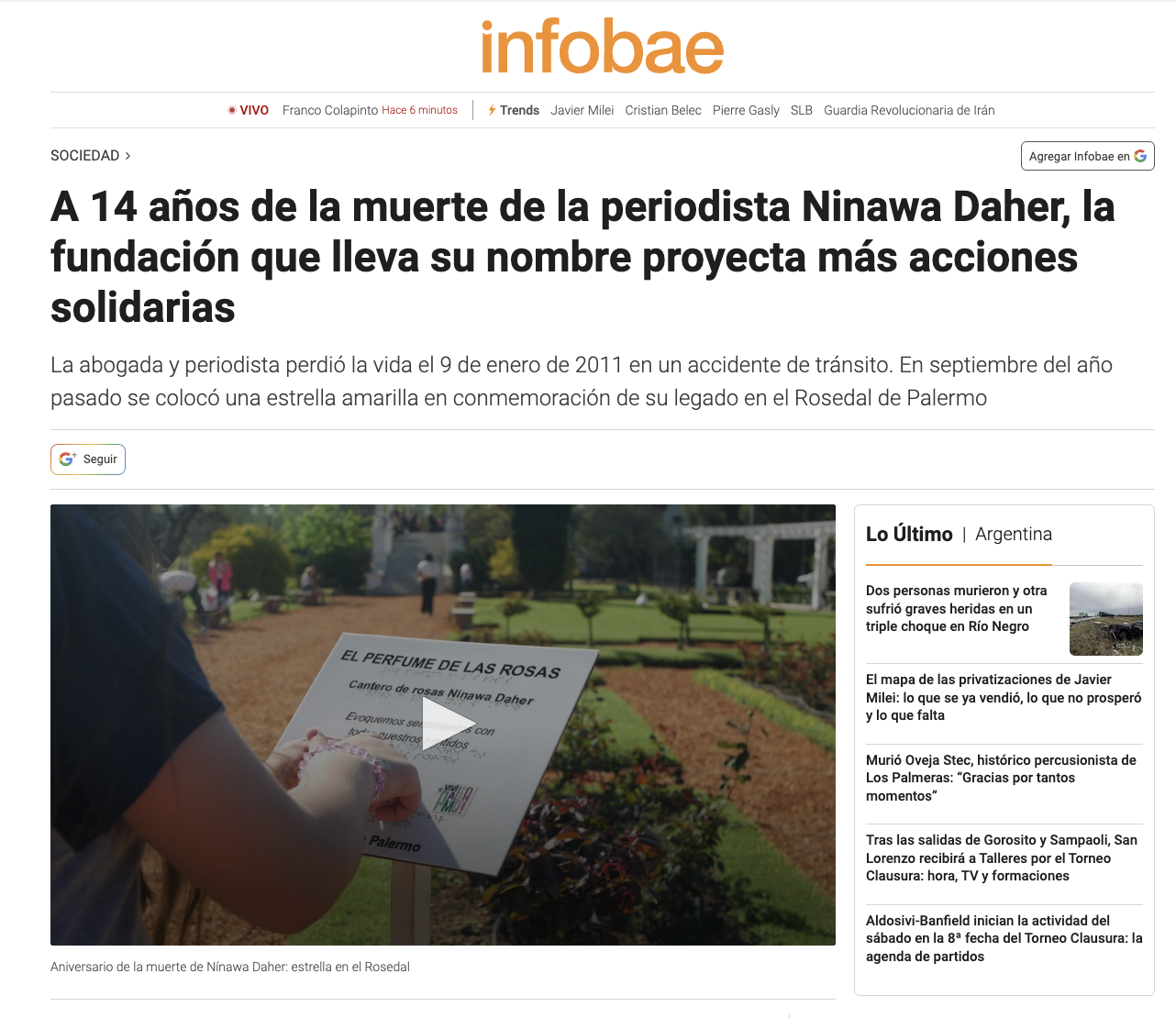 Nota en Infobae a 14 años de la muerte de Nínawa